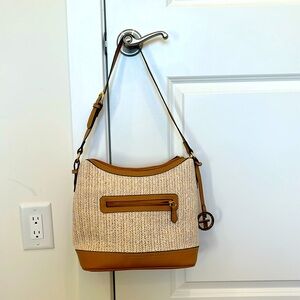 Giani Bernini Straw Medium Zippered Hobo Bag Natural Vachetta Gold